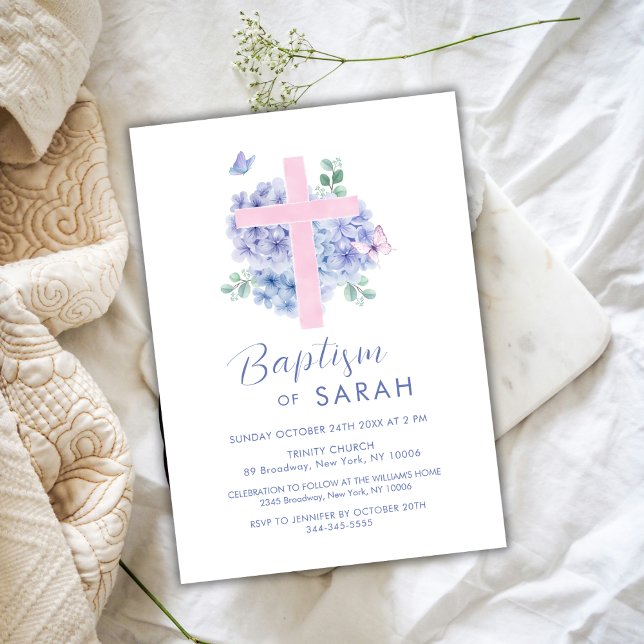 Invitación Elegante acuarela Hidrangea Flor Baptismo (Elegant Watercolor Hydrangea Flower Cross Baptism Invitation)