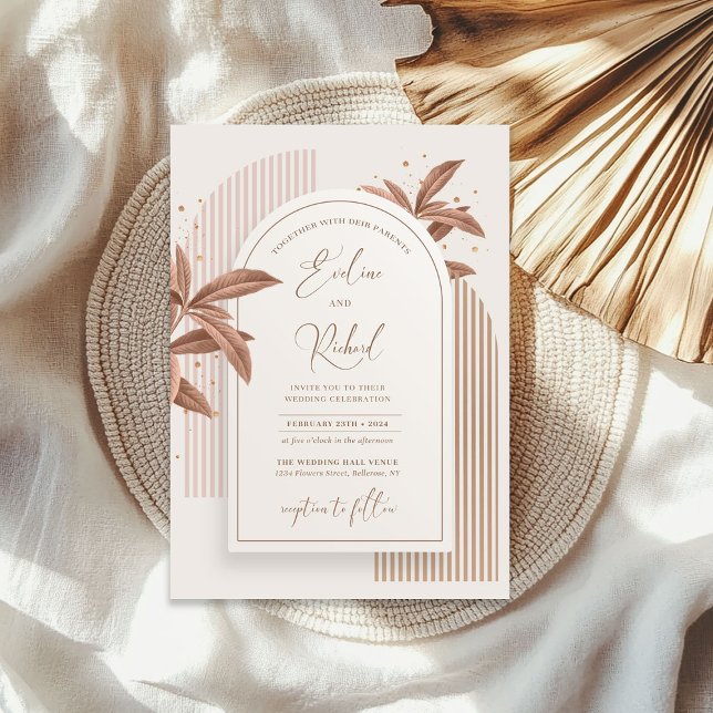 Invitación Elegante acuarela hojas marrón boho arco oro (Elegant watercolor brown leaves boho arch gold invitation)