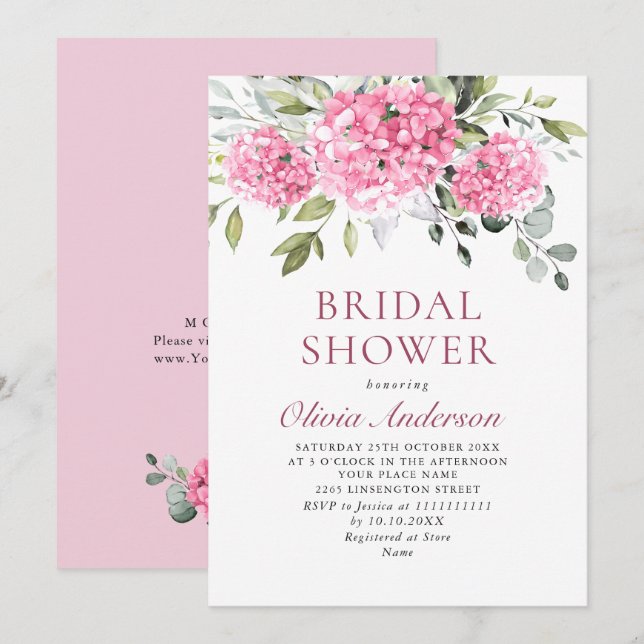 Invitación Elegante acuarela Hydrangea rosa BRIDAL DUCHA (Anverso / Reverso)