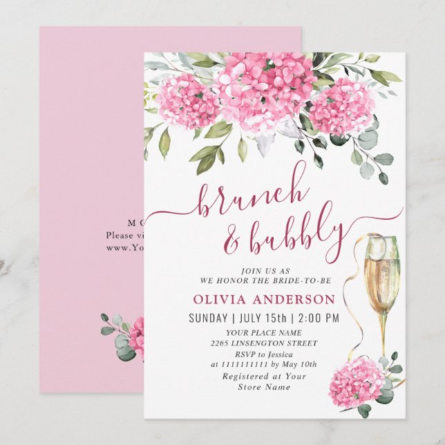 Invitación Elegante acuarela Hydrangea rosa BRIDAL DUCHA (Anverso / Reverso)