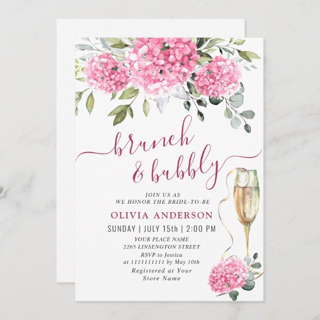 Invitación Elegante acuarela Hydrangea rosa BRIDAL DUCHA (Anverso / Reverso)
