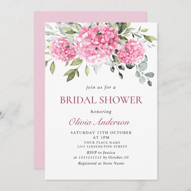 Invitación Elegante acuarela Hydrangea rosa BRIDAL DUCHA (Anverso / Reverso)