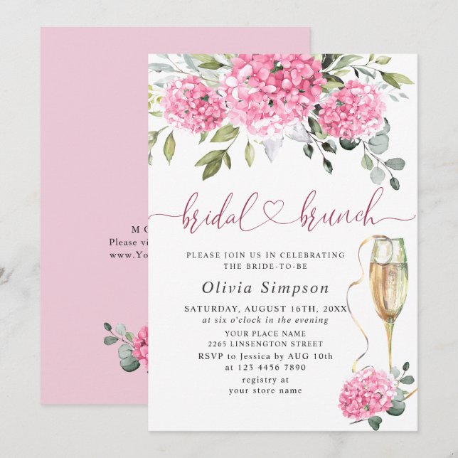 Invitación Elegante acuarela Hydrangea rosa BRIDAL DUCHA (Anverso / Reverso)