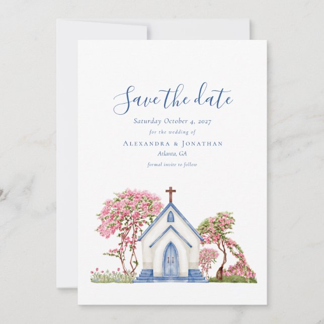 Invitación Elegante acuarela iglesia de la boda salva la fech (Anverso)
