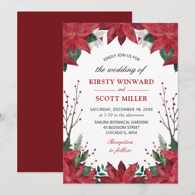 Invitación Elegante acuarela invierno Boda de Poinsettia Rojo (Anverso / Reverso)