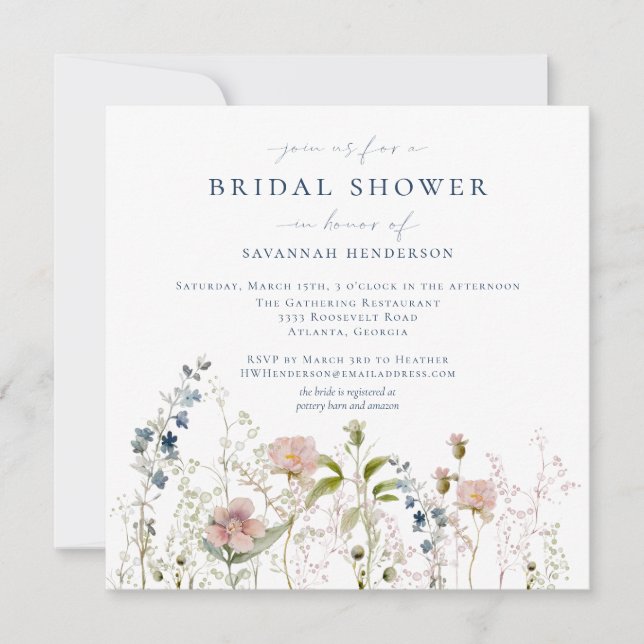 Invitación Elegante acuarela Jardín Flores Ducha Bridal (Anverso)