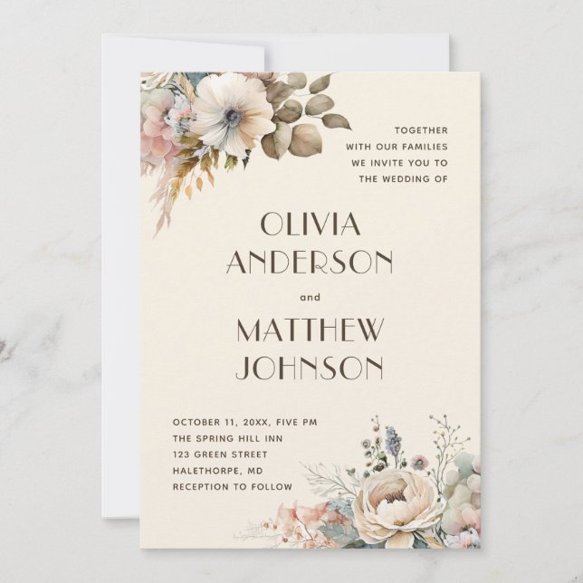 Invitación Elegante acuarela jardín suave boda floral (Anverso)