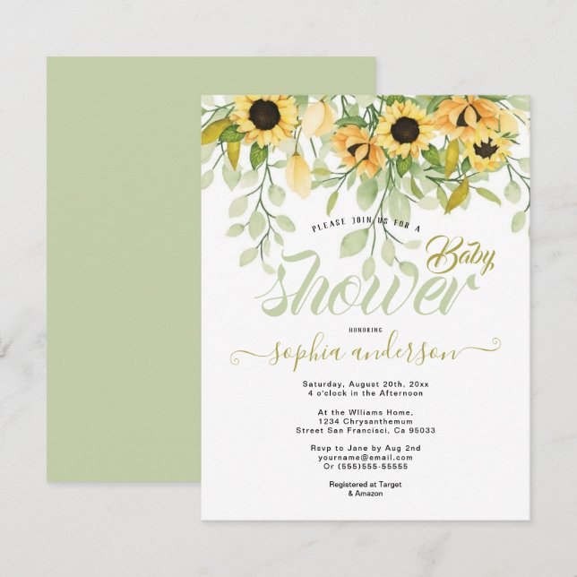 Invitación Elegante acuarela Jardín Sunflowers Bebé ducha (Anverso / Reverso)