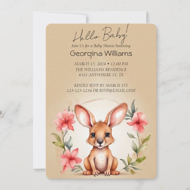 Invitación Elegante acuarela Kangaroo Baby Shower (Anverso)