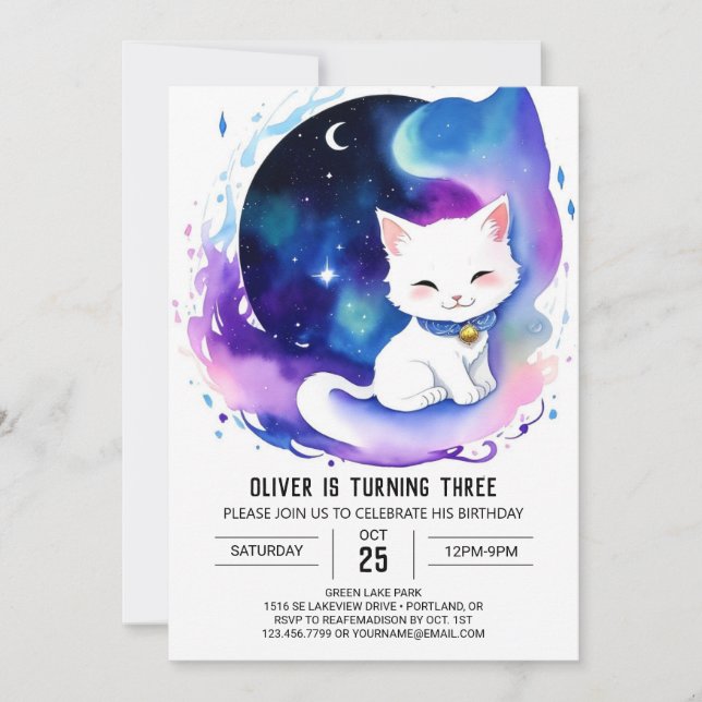 Invitación Elegante acuarela Kitten Cumpleaños (Anverso)