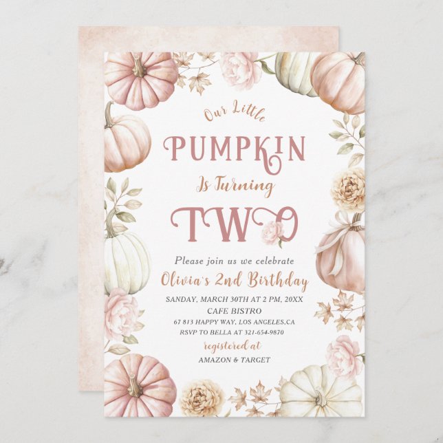 Invitación Elegante acuarela La calabaza de dos cumpleaños es (Anverso / Reverso)