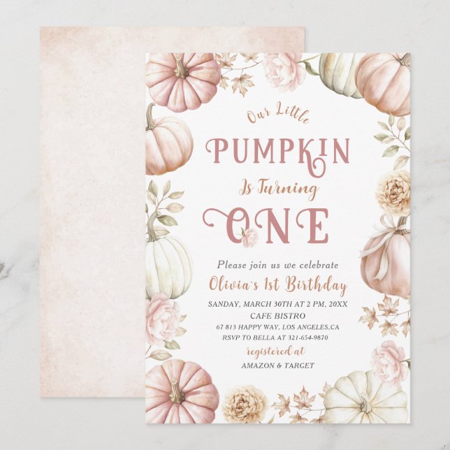 Invitación Elegante acuarela La calabaza de primer cumpleaños (Anverso / Reverso)