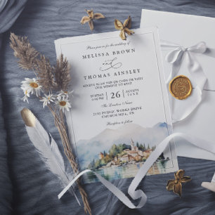 Invitación Elegante acuarela Lago Como Italia código QR boda