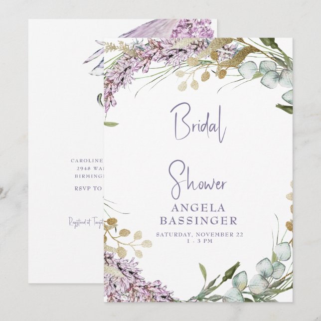 Invitación Elegante acuarela Lavanda Floral Bridal Ducha (Anverso / Reverso)