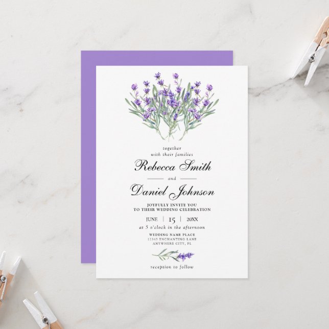 Invitación Elegante acuarela Lavender Boda morado floral (Anverso/Reverso In Situ)