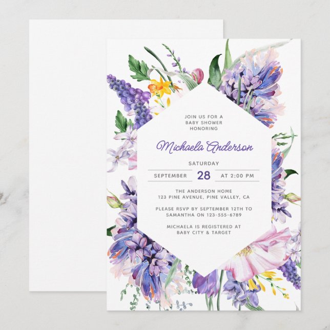 Invitación Elegante acuarela Lavender Purple Baby Shower (Anverso / Reverso)