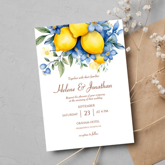 Invitación Elegante acuarela Lemon Floral Garden Wedding (Elegant Watercolor Lemon Botanical Wedding Invitation)