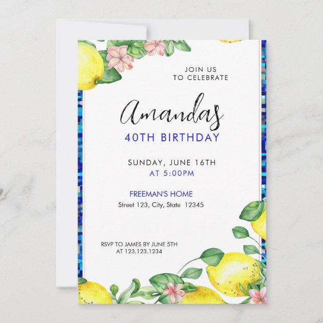 Invitación Elegante acuarela Lemon Mosaic 40 cumpleaños (Anverso)