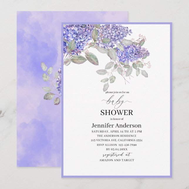 Invitación Elegante acuarela Lilac Flowers Baby Shower (Anverso / Reverso)