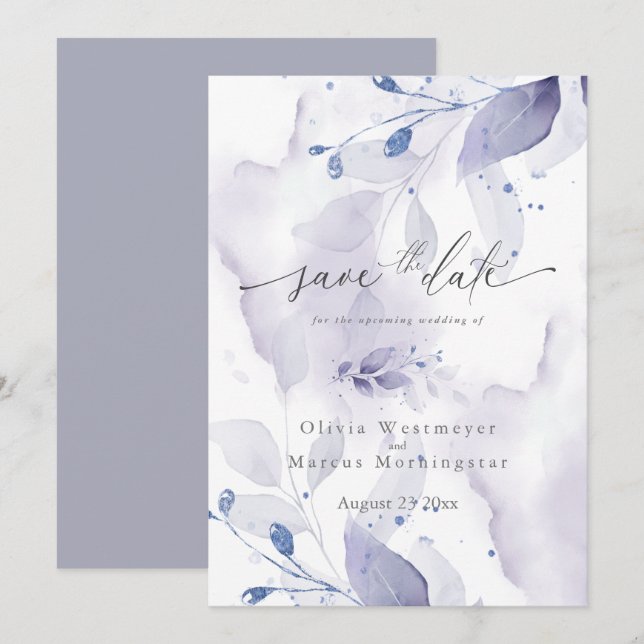 Invitación Elegante acuarela Lilac Foliage Save the Date (Anverso / Reverso)