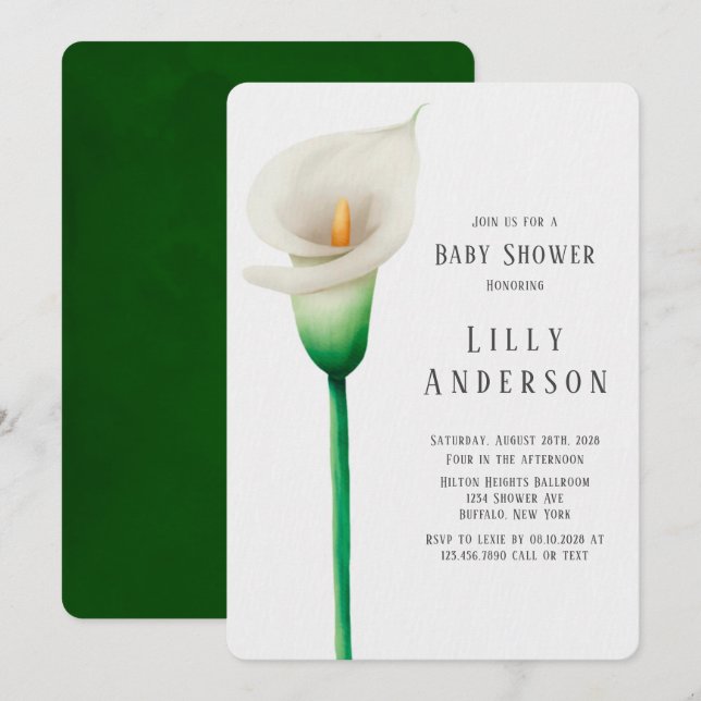 Invitación Elegante acuarela Lilly Baby Shower (Anverso / Reverso)