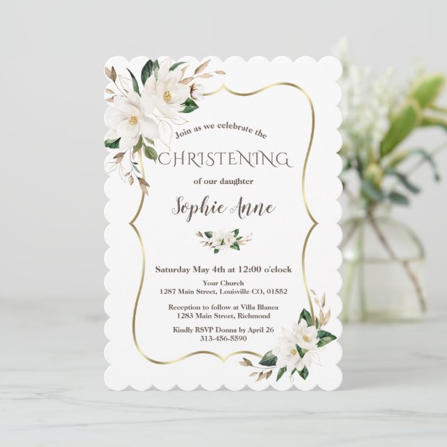 Invitación Elegante acuarela Magnolia Flores Christening (Anverso de pie)