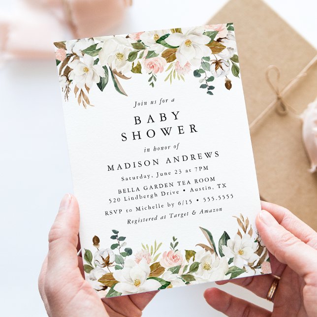 Invitación Elegante acuarela Magnolias Floral Baby Shower (Subido por el creador)