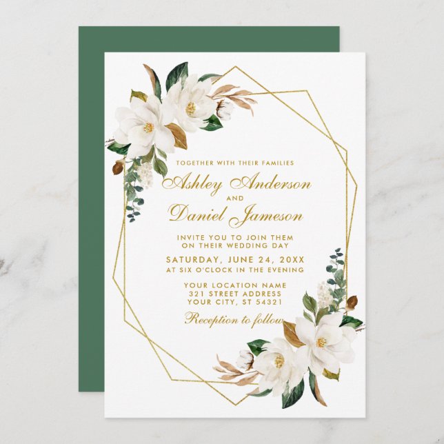 Invitación Elegante acuarela Magnolias Greenery Boda Gold (Anverso / Reverso)