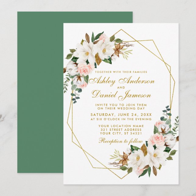 Invitación Elegante acuarela Magnolias Rosas Boda de oro (Anverso / Reverso)