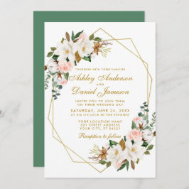 Invitación Elegante acuarela Magnolias Rosas Boda de oro