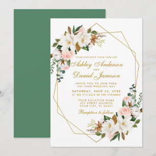 Invitación Elegante acuarela Magnolias Rosas Boda de oro