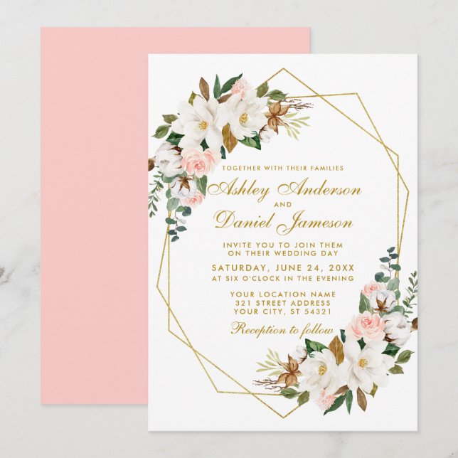 Invitación Elegante acuarela Magnolias Rosas Boda Oro (Anverso / Reverso)