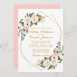 Invitación Elegante acuarela Magnolias Rosas Boda Oro