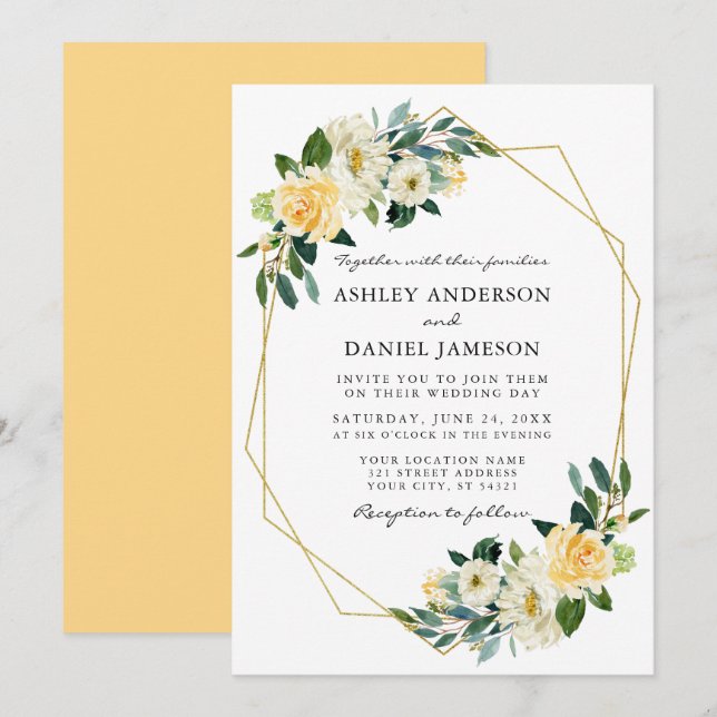 Invitación Elegante acuarela Marco dorado amarillo floral (Anverso / Reverso)