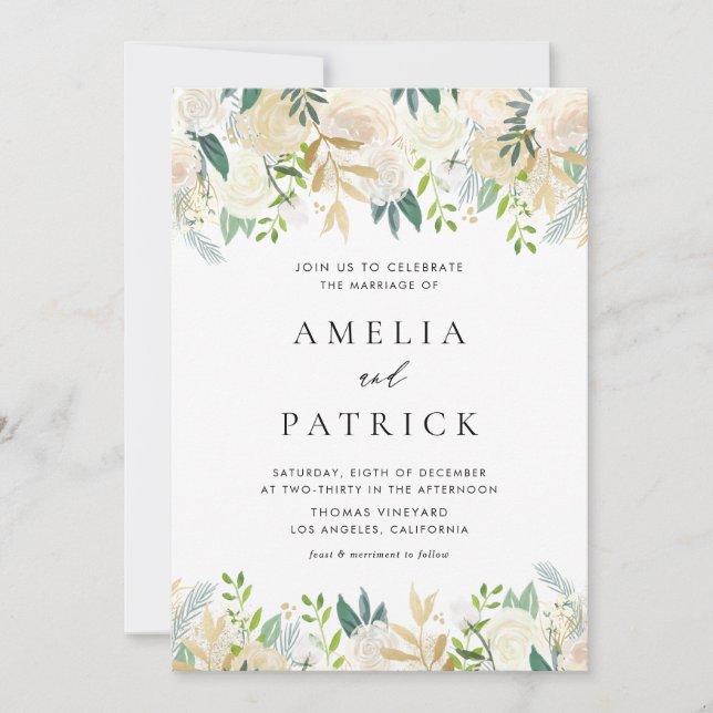 Invitación Elegante acuarela marfil Peonies Boda de Relieve m (Anverso)