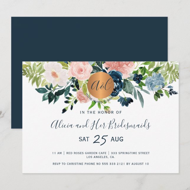 Invitación Elegante acuarela marina floral bridesmaids brunch (Anverso / Reverso)