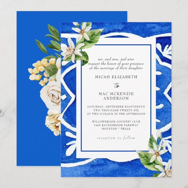 Invitación Elegante acuarela mediterránea Tile Bride Parent (Anverso / Reverso)