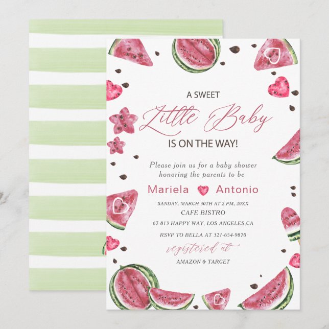 Invitación Elegante acuarela Melon Baby Shower (Anverso / Reverso)
