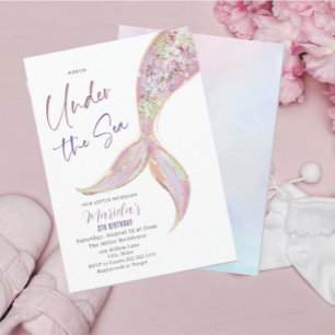 Invitación Elegante Acuarela Mermaid Tail Under 3º Cumpleaños