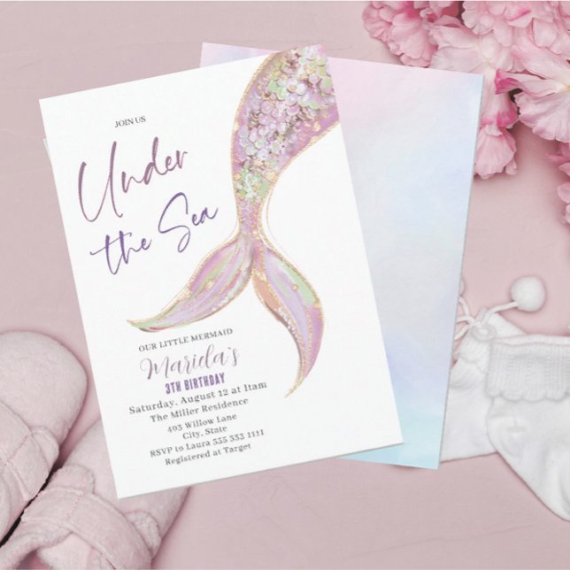 Invitación Elegante Acuarela Mermaid Tail Under 3º Cumpleaños (Subido por el creador)