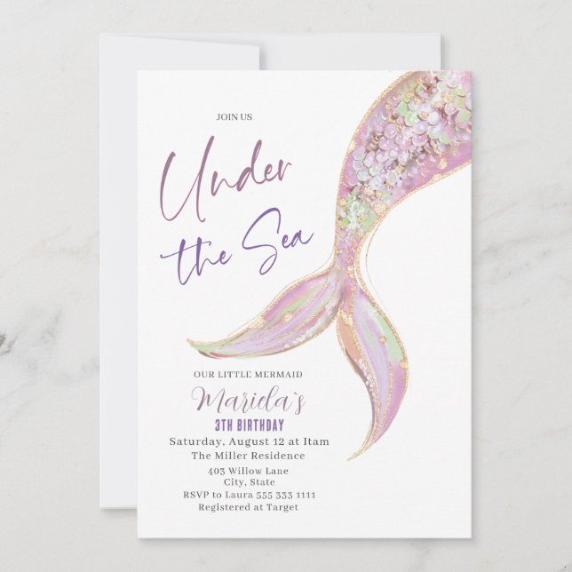 Invitación Elegante Acuarela Mermaid Tail Under 3º Cumpleaños (Anverso)