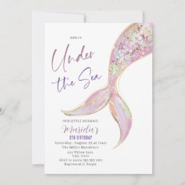 Invitación Elegante Acuarela Mermaid Tail Under 3º Cumpleaños