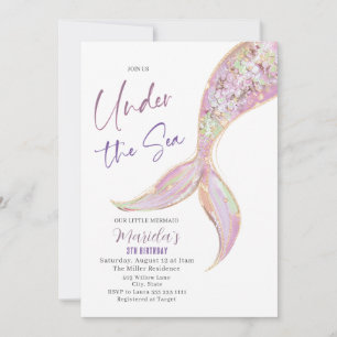 Invitación Elegante Acuarela Mermaid Tail Under 3º Cumpleaños