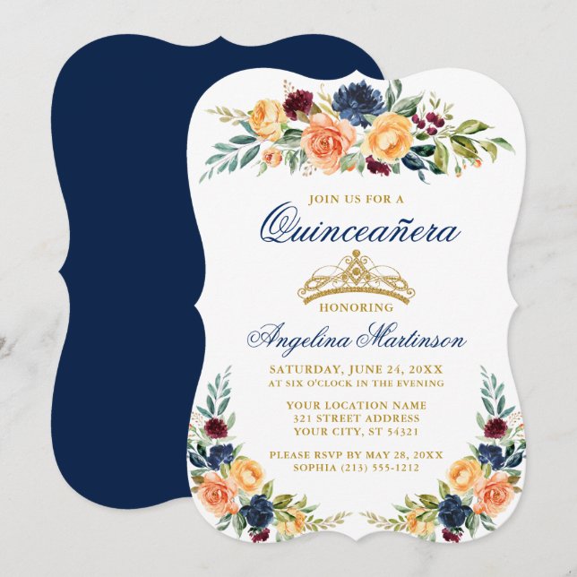 Invitación Elegante acuarela Mezcla Floral Azul Quinceanera (Anverso / Reverso)