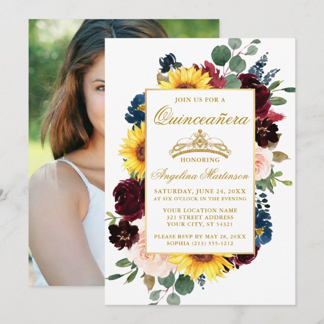 Invitación Elegante acuarela Mezcla Floral Quinceanera Foto (Anverso / Reverso)