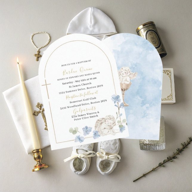 Invitación Elegante acuarela moderna azul ángel bautismo (Subido por el creador)