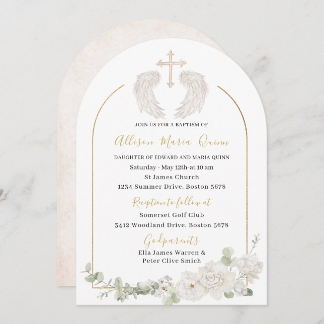Invitación Elegante acuarela moderna Beige Angel Baptism Invi (Anverso / Reverso)