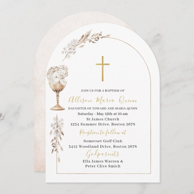 Invitación Elegante acuarela moderna Beige Angel Baptismo (Anverso / Reverso)