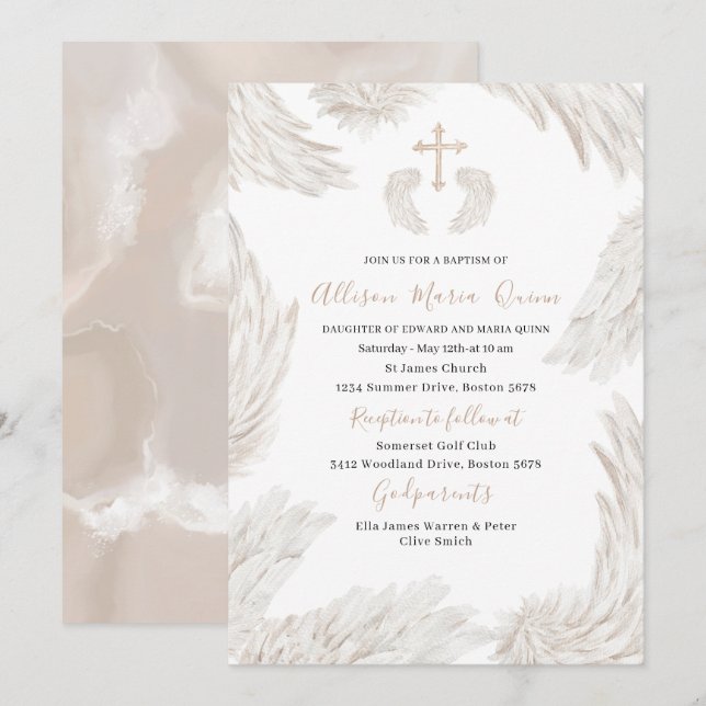 Invitación Elegante acuarela moderna Beige Wings Angel Baptis (Anverso / Reverso)