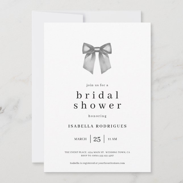 Invitación Elegante acuarela moderna Black Bow Bridal Shower (Anverso)